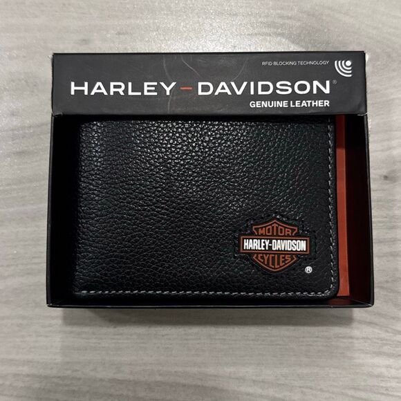 Harley Davidson Motorcycles  Men’s Black Genuine Leather Wallet New In Gift Box - Picture 1 of 6